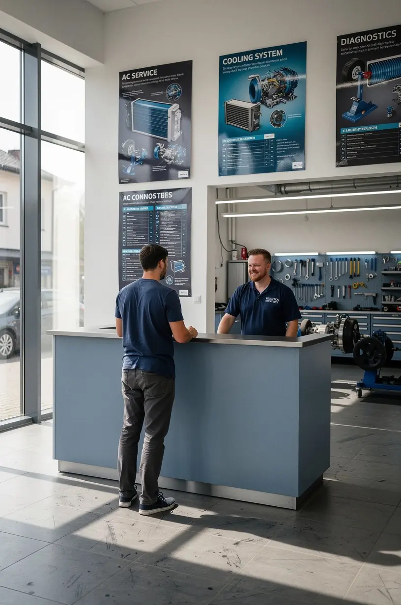 Moderne Werkstatt mit mehreren Fahrzeugen, die auf Klimaanlagenservice warten