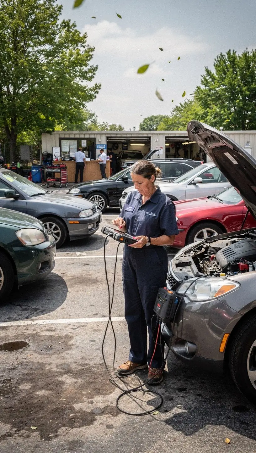 Nahaufnahme eines Klimakompressors während der Reparatur in einem Auto-Servicezentrum