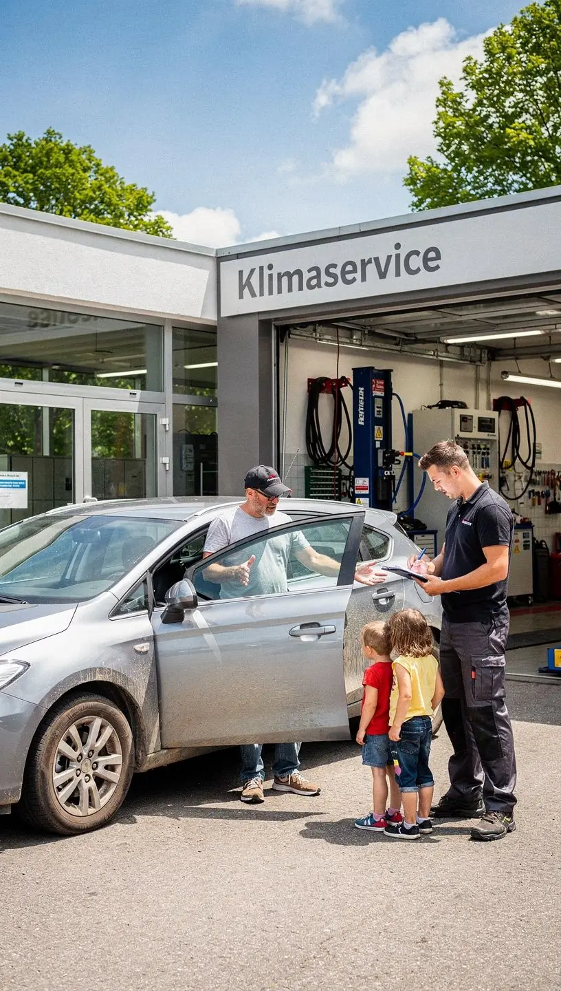 Fahrzeug mit geöffneter Motorhaube und sichtbarer Klimaanlagenkomponente